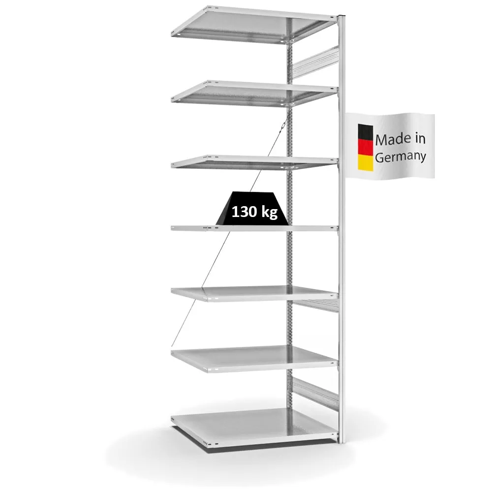 Fachbodenregal Stecksystem T-Profil | Anbauregal | HxBxT 300x100x80cm | 7 Ebenen | Fachlast 130 kg | Einseitig nutzbar | Lichtgrau