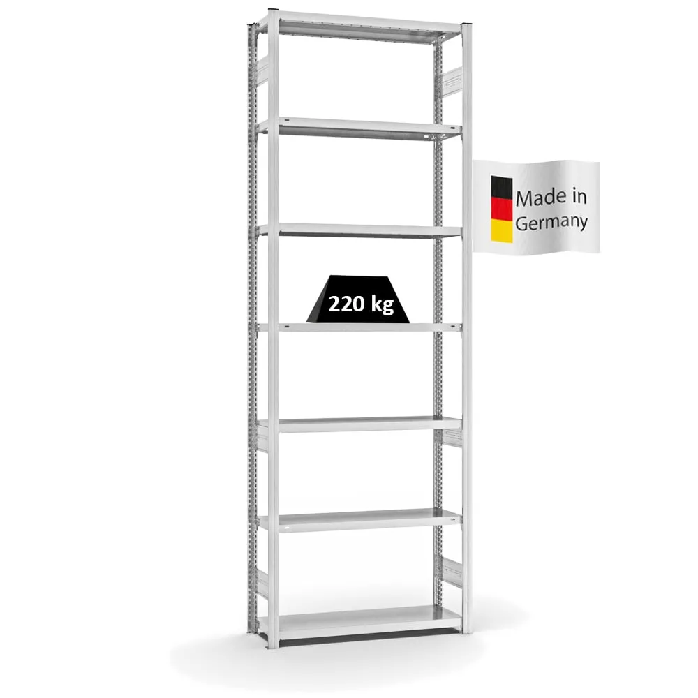 Fachbodenregal Stecksystem T-Profil | Grundregal | HxBxT 300x100x30cm | 7 Ebenen | Fachlast 220 kg | Beidseitig nutzbar | Lichtgrau