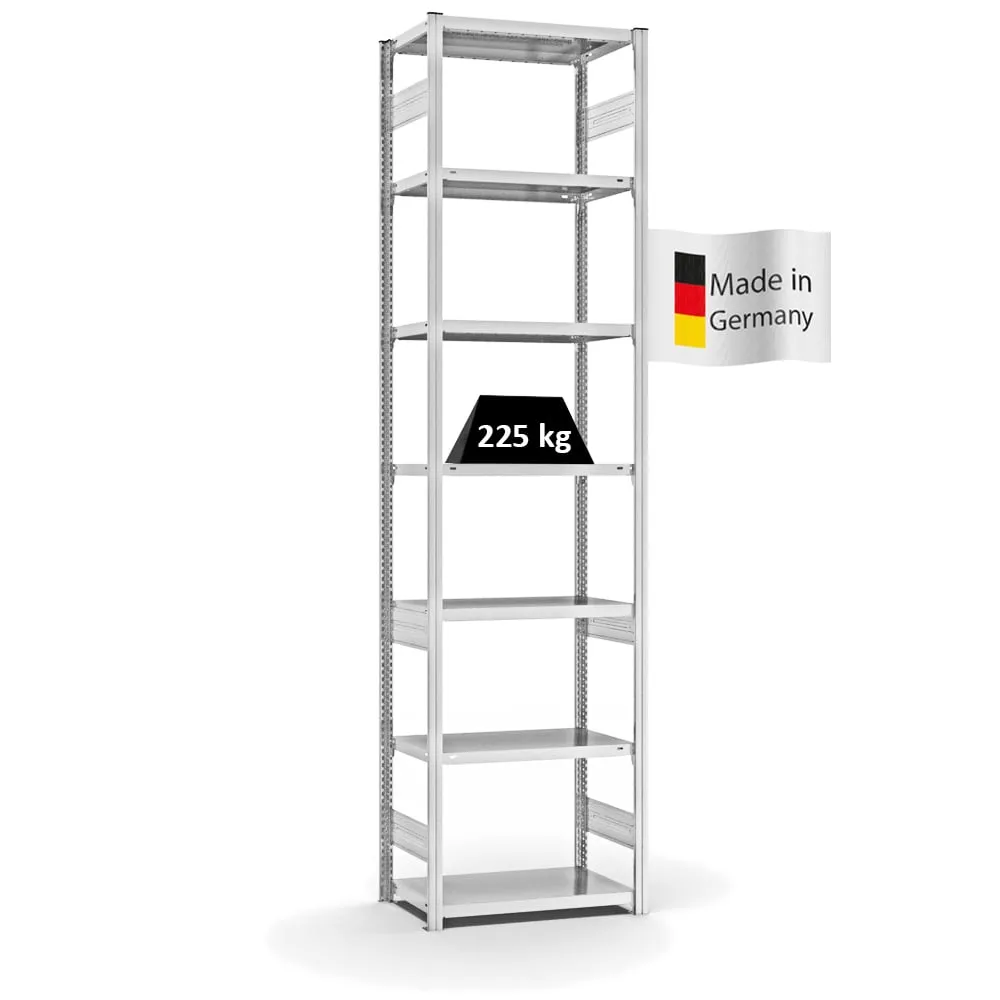 Fachbodenregal Stecksystem T-Profil | Grundregal | HxBxT 300x75x40cm | 7 Ebenen | Fachlast 225 kg | Beidseitig nutzbar | Lichtgrau