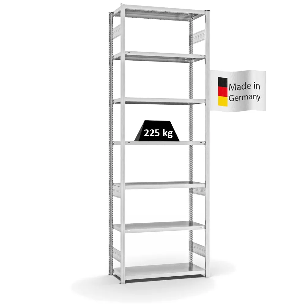 Fachbodenregal Stecksystem T-Profil | Grundregal | HxBxT 300x100x40cm | 7 Ebenen | Fachlast 225 kg | Beidseitig nutzbar | Lichtgrau