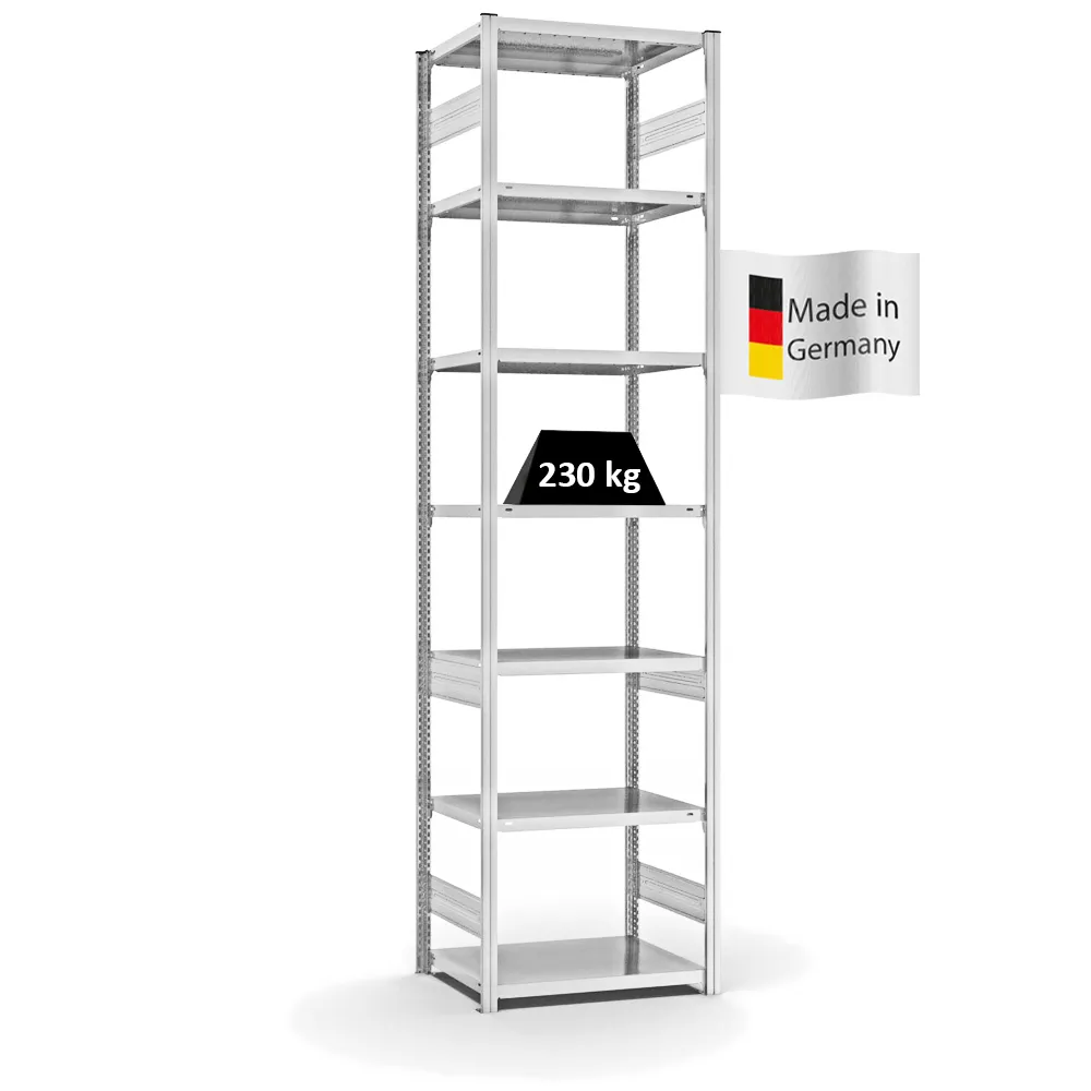 Fachbodenregal Stecksystem T-Profil | Grundregal | HxBxT 300x75x50cm | 7 Ebenen | Fachlast 230 kg | Beidseitig nutzbar | Lichtgrau