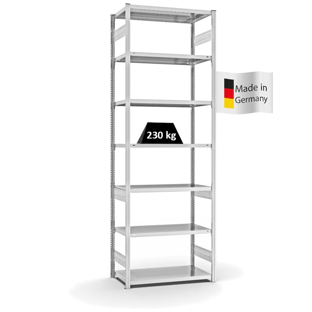 Fachbodenregal Stecksystem T-Profil | Grundregal | HxBxT 300x100x50cm | 7 Ebenen | Fachlast 230 kg | Beidseitig nutzbar | Lichtgrau