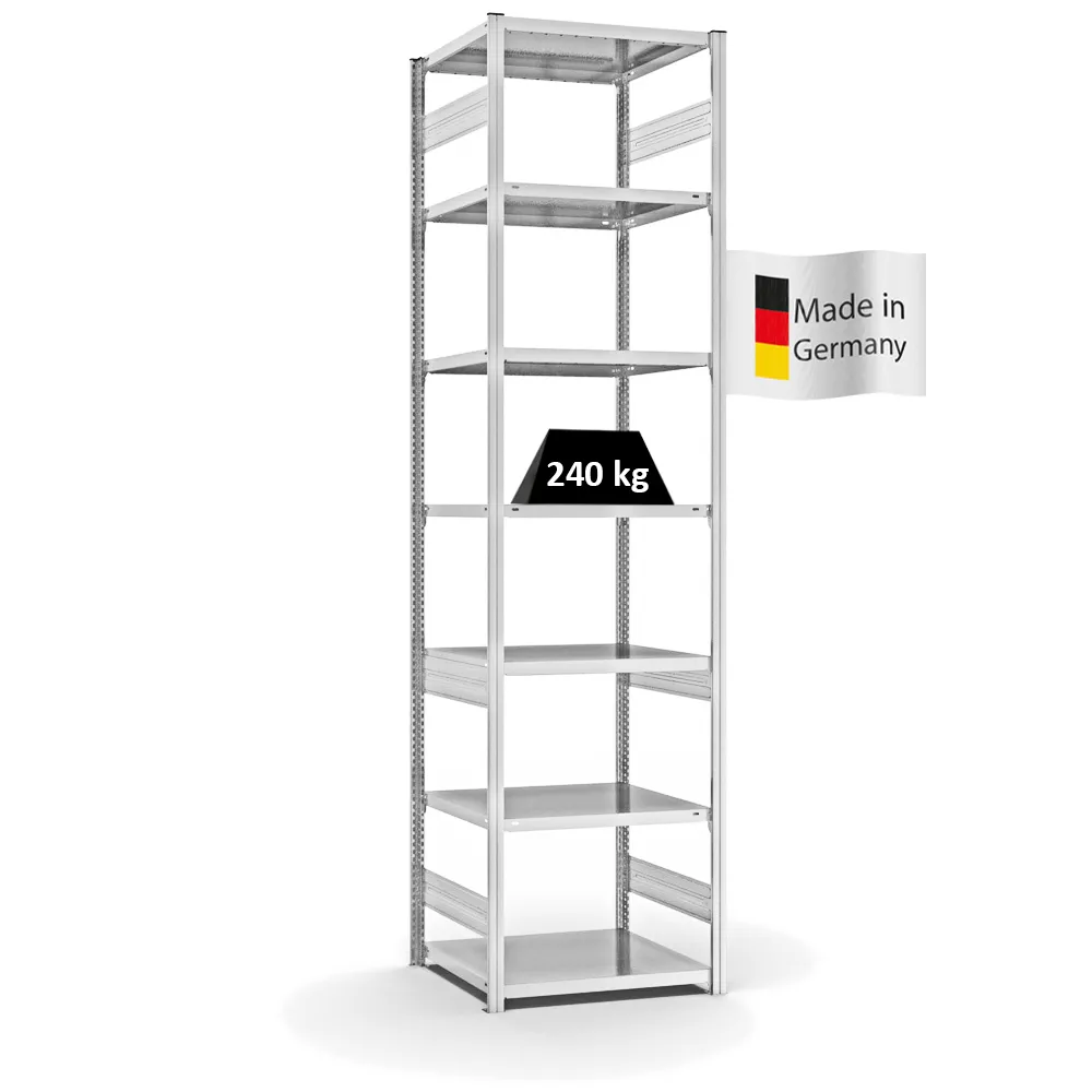 Fachbodenregal Stecksystem T-Profil | Grundregal | HxBxT 300x75x60cm | 7 Ebenen | Fachlast 240 kg | Beidseitig nutzbar | Lichtgrau