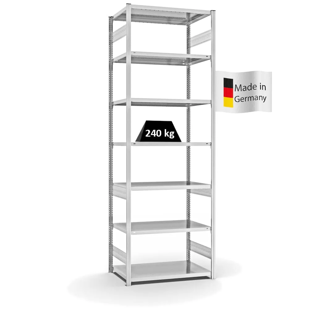 Fachbodenregal Stecksystem T-Profil | Grundregal | HxBxT 300x100x60cm | 7 Ebenen | Fachlast 240 kg | Beidseitig nutzbar | Lichtgrau