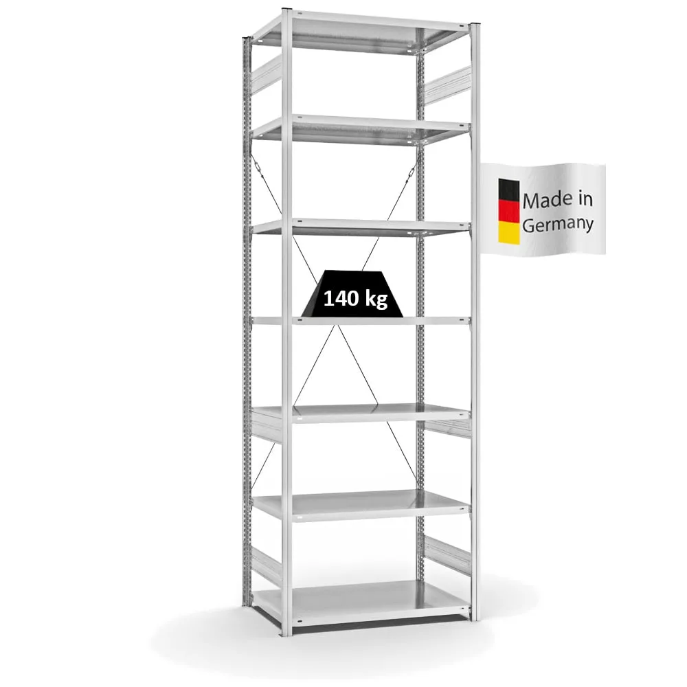 Fachbodenregal Stecksystem T-Profil | Grundregal | HxBxT 300x100x60cm | 7 Ebenen | Fachlast 140 kg | Einseitig nutzbar | Lichtgrau