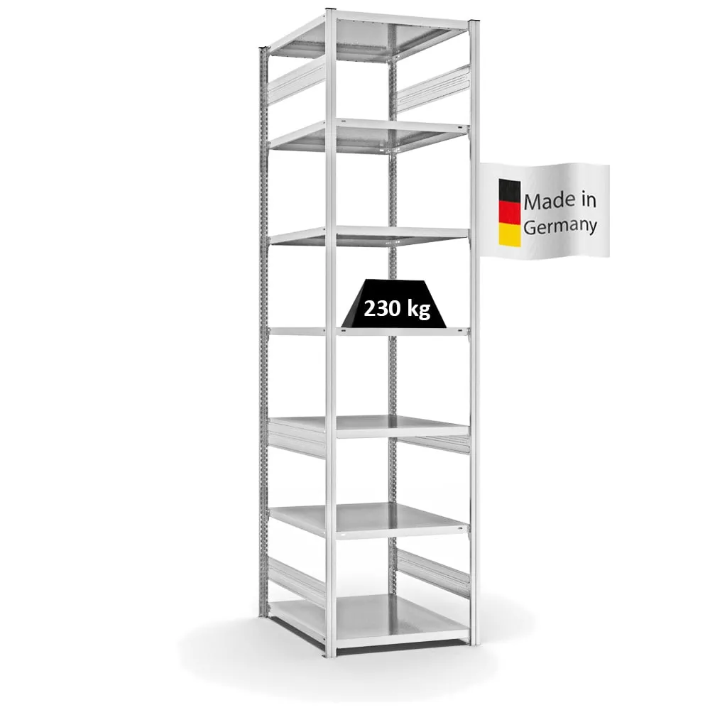 Fachbodenregal Stecksystem T-Profil | Grundregal | HxBxT 300x75x80cm | 7 Ebenen | Fachlast 230 kg | Beidseitig nutzbar | Lichtgrau