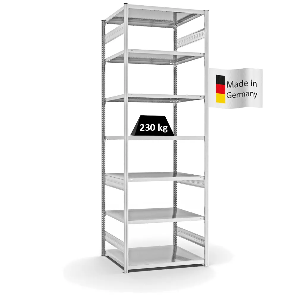 Fachbodenregal Stecksystem T-Profil | Grundregal | HxBxT 300x100x80cm | 7 Ebenen | Fachlast 230 kg | Beidseitig nutzbar | Lichtgrau