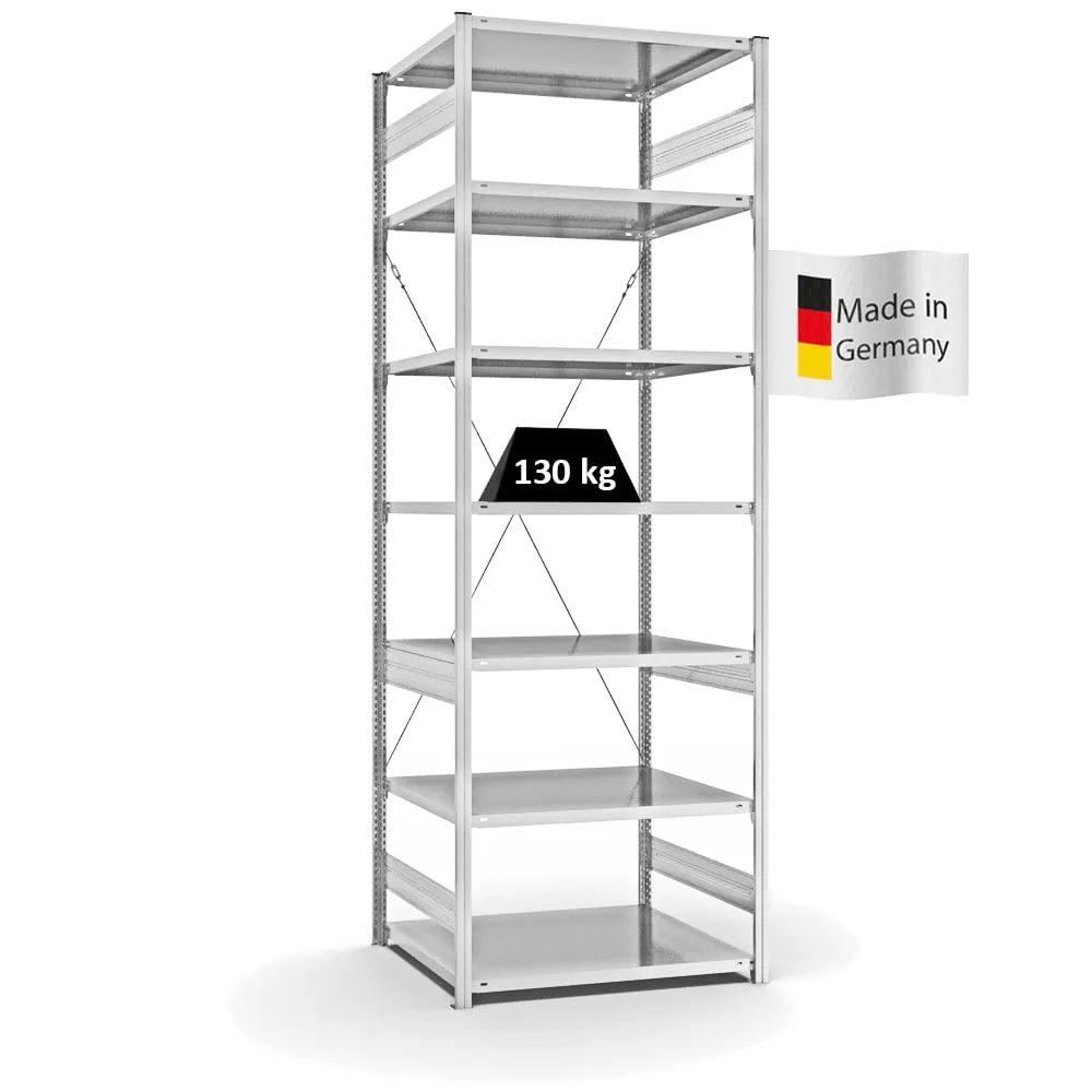 Fachbodenregal Stecksystem T-Profil | Grundregal | HxBxT 300x100x80cm | 7 Ebenen | Fachlast 130 kg | Einseitig nutzbar | Lichtgrau