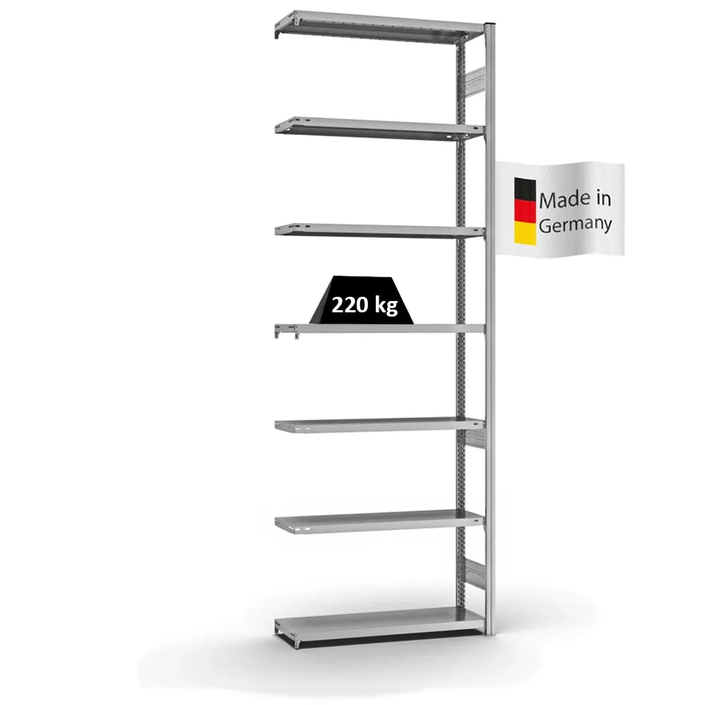 Fachbodenregal Stecksystem T-Profil | Anbauregal | HxBxT 300x100x30cm | 7 Ebenen | Fachlast 220 kg | Beidseitig nutzbar | Verzinkt