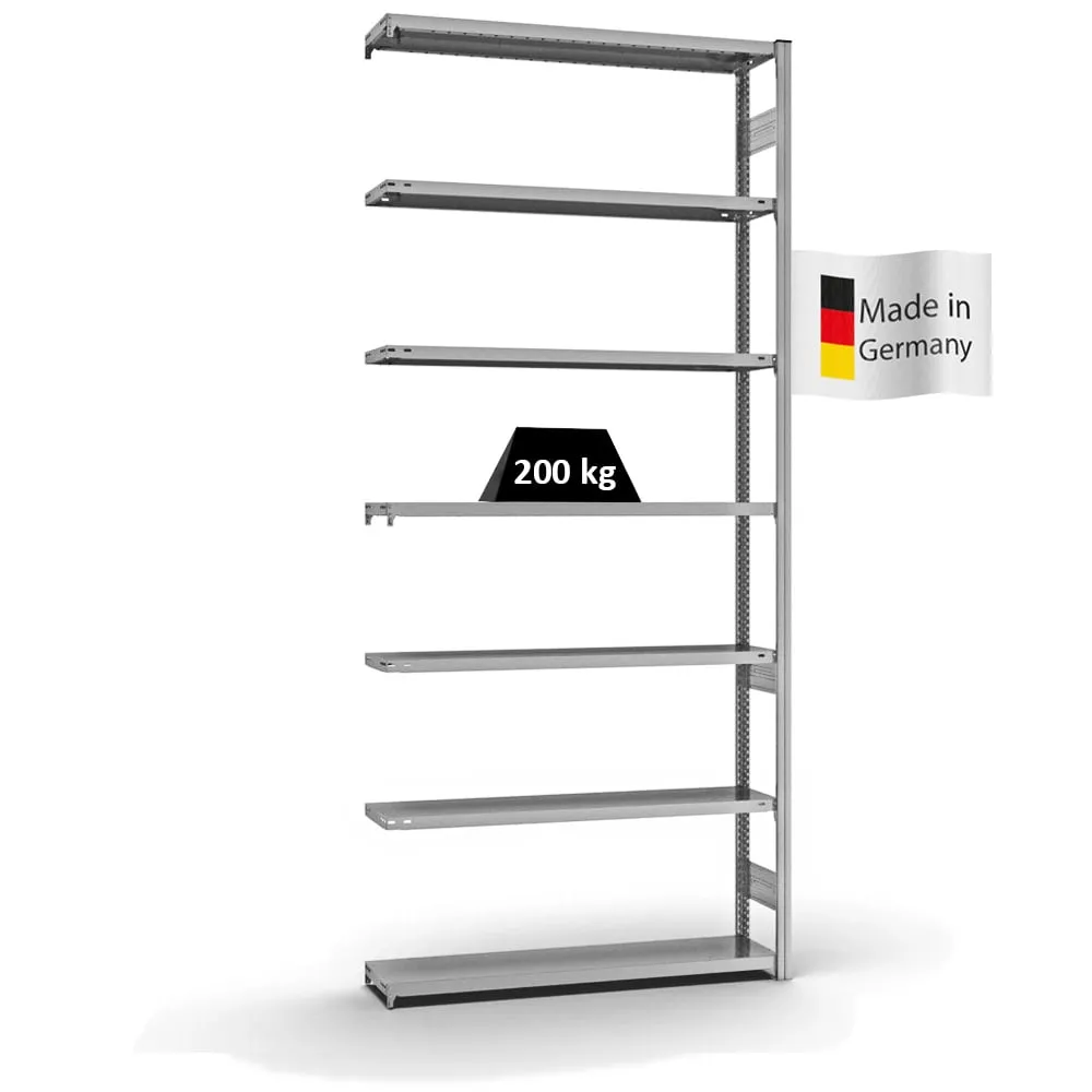 Fachbodenregal Stecksystem T-Profil | Anbauregal | HxBxT 300x130x30cm | 7 Ebenen | Fachlast 200 kg | Beidseitig nutzbar | Verzinkt