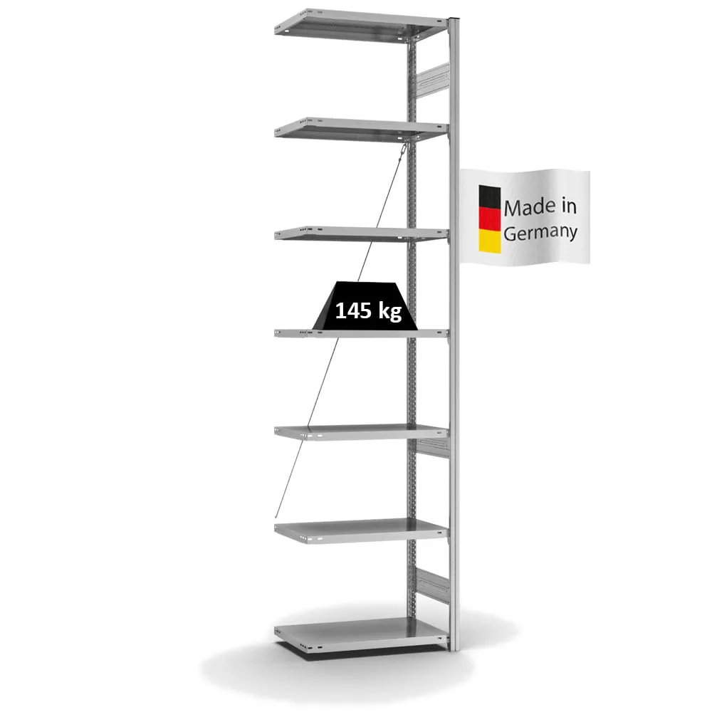Fachbodenregal Stecksystem T-Profil | Anbauregal | HxBxT 300x75x40cm | 7 Ebenen | Fachlast 145 kg | Einseitig nutzbar | Verzinkt