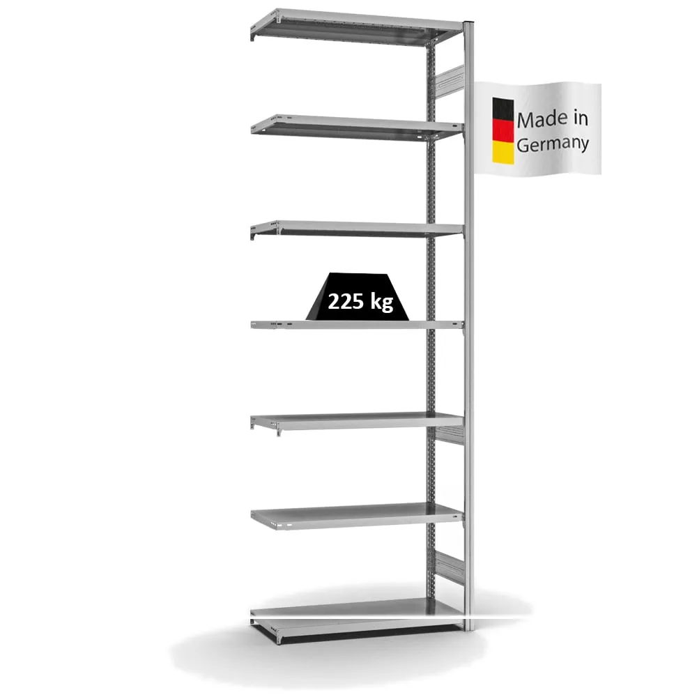 Fachbodenregal Stecksystem T-Profil | Anbauregal | HxBxT 300x100x40cm | 7 Ebenen | Fachlast 225 kg | Beidseitig nutzbar | Verzinkt