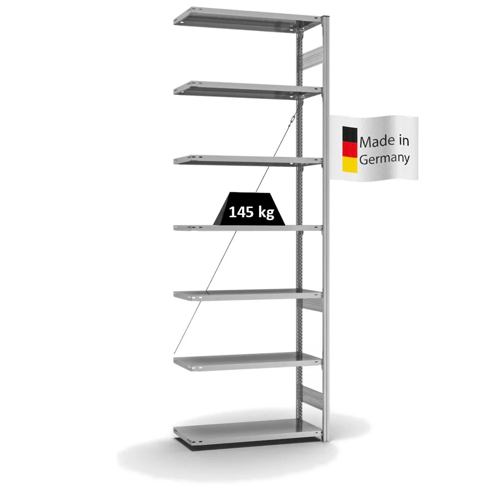 Fachbodenregal Stecksystem T-Profil | Anbauregal | HxBxT 300x100x40cm | 7 Ebenen | Fachlast 145 kg | Einseitig nutzbar | Verzinkt