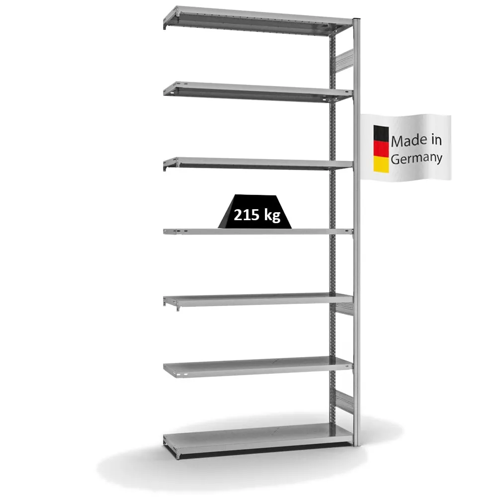 Fachbodenregal Stecksystem T-Profil | Anbauregal | HxBxT 300x130x40cm | 7 Ebenen | Fachlast 215 kg | Beidseitig nutzbar | Verzinkt