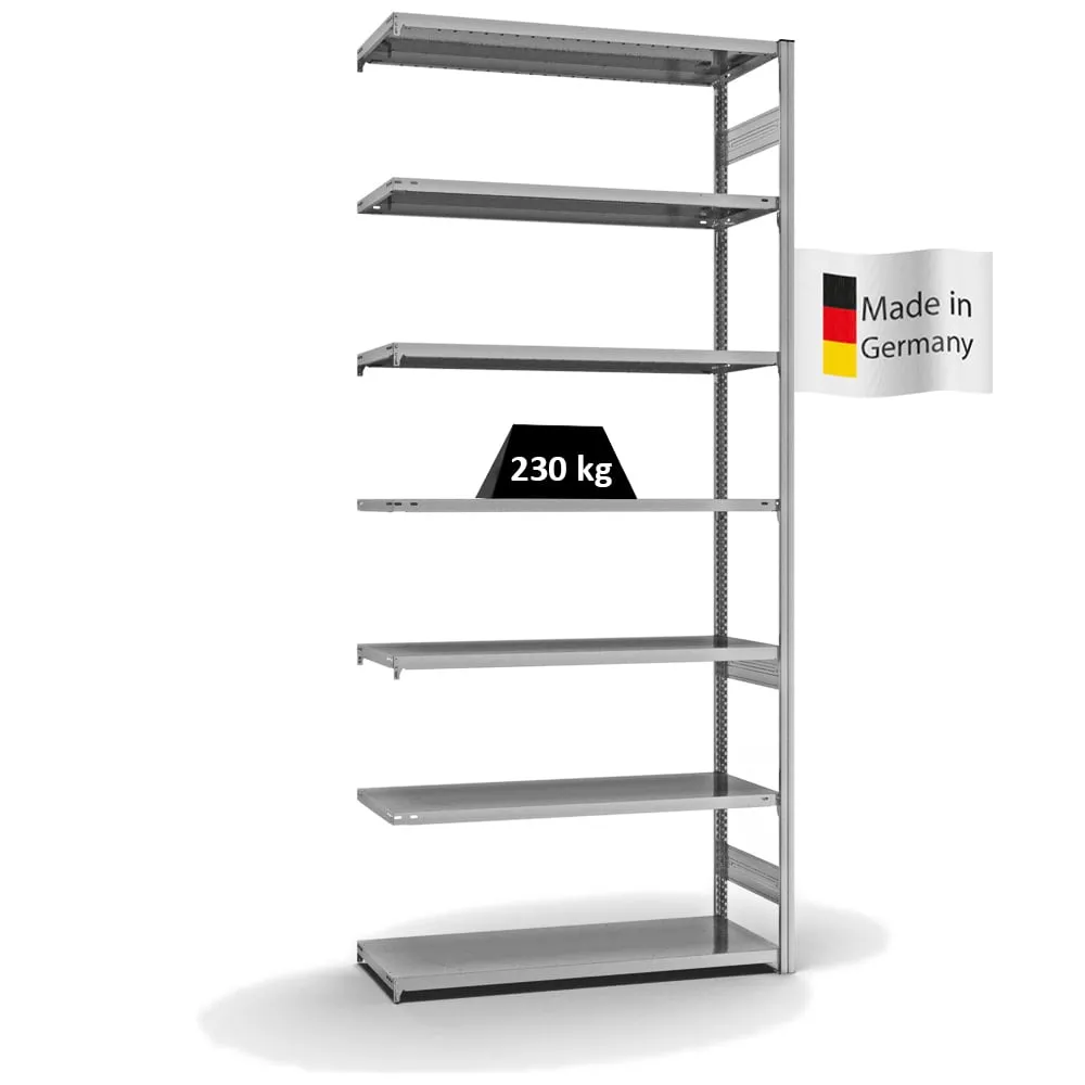 Fachbodenregal Stecksystem T-Profil | Anbauregal | HxBxT 300x130x50cm | 7 Ebenen | Fachlast 230 kg | Beidseitig nutzbar | Verzinkt
