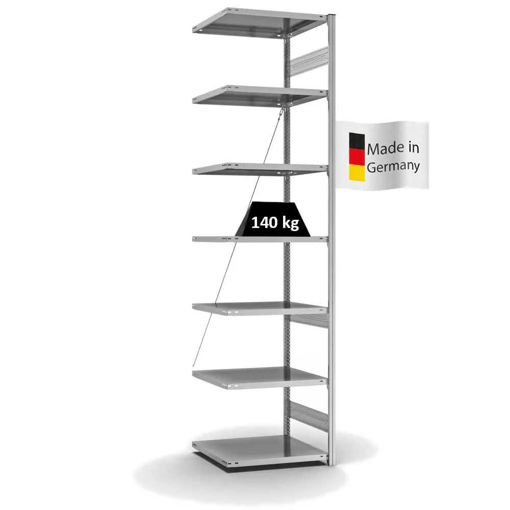 Fachbodenregal Stecksystem T-Profil | Anbauregal | HxBxT 300x75x60cm | 7 Ebenen | Fachlast 140 kg | Einseitig nutzbar | Verzinkt