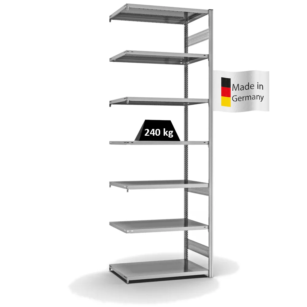 Fachbodenregal Stecksystem T-Profil | Anbauregal | HxBxT 300x100x60cm | 7 Ebenen | Fachlast 240 kg | Beidseitig nutzbar | Verzinkt