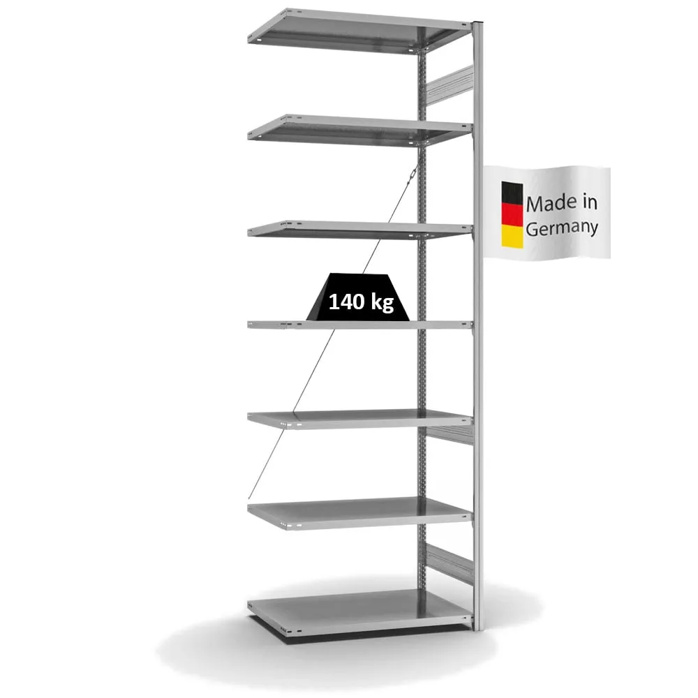 Fachbodenregal Stecksystem T-Profil | Anbauregal | HxBxT 300x100x60cm | 7 Ebenen | Fachlast 140 kg | Einseitig nutzbar | Verzinkt