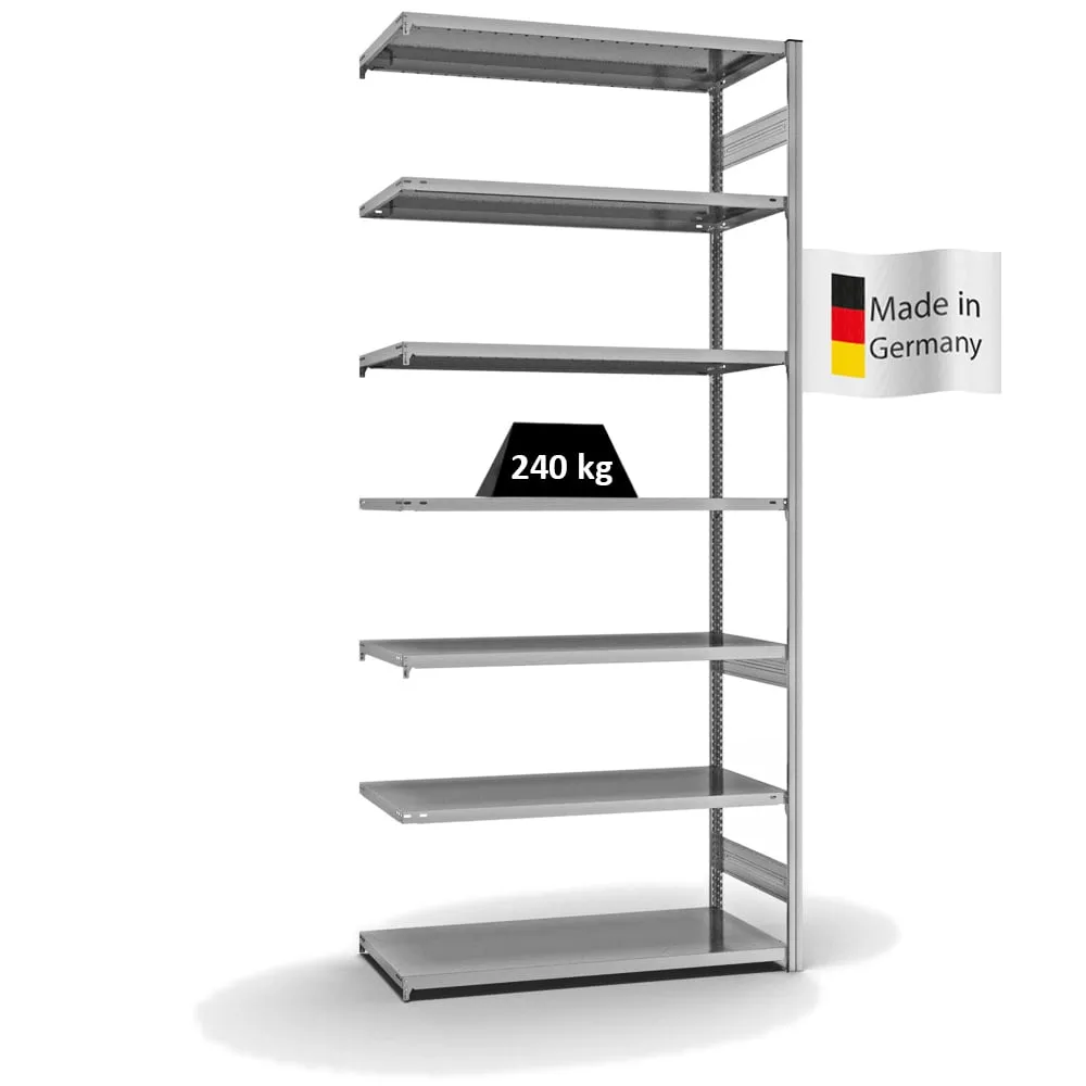 Fachbodenregal Stecksystem T-Profil | Anbauregal | HxBxT 300x130x60cm | 7 Ebenen | Fachlast 240 kg | Beidseitig nutzbar | Verzinkt