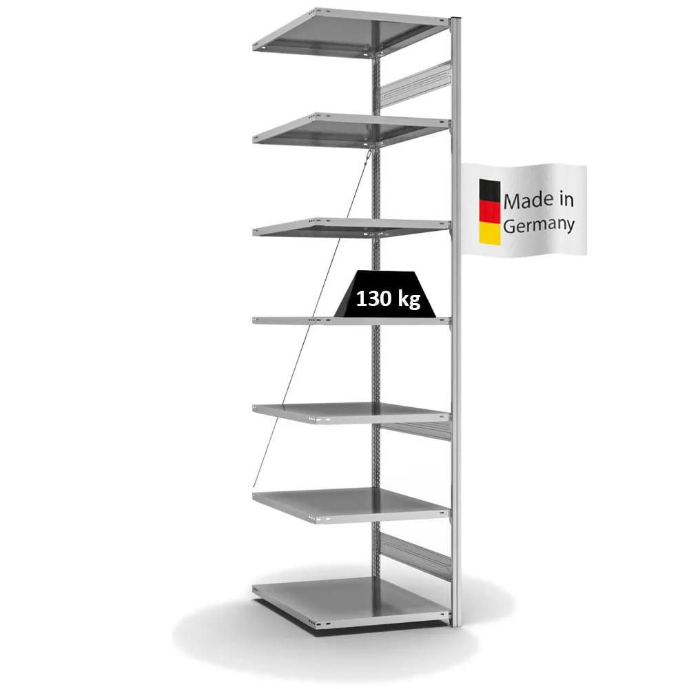 Fachbodenregal Stecksystem T-Profil | Anbauregal | HxBxT 300x75x80cm | 7 Ebenen | Fachlast 130 kg | Einseitig nutzbar | Verzinkt
