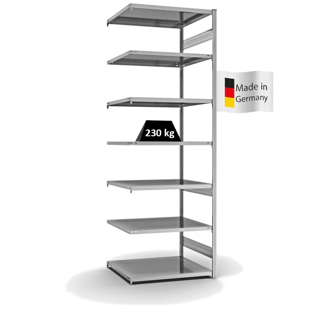 Fachbodenregal Stecksystem T-Profil | Anbauregal | HxBxT 300x100x80cm | 7 Ebenen | Fachlast 230 kg | Beidseitig nutzbar | Verzinkt