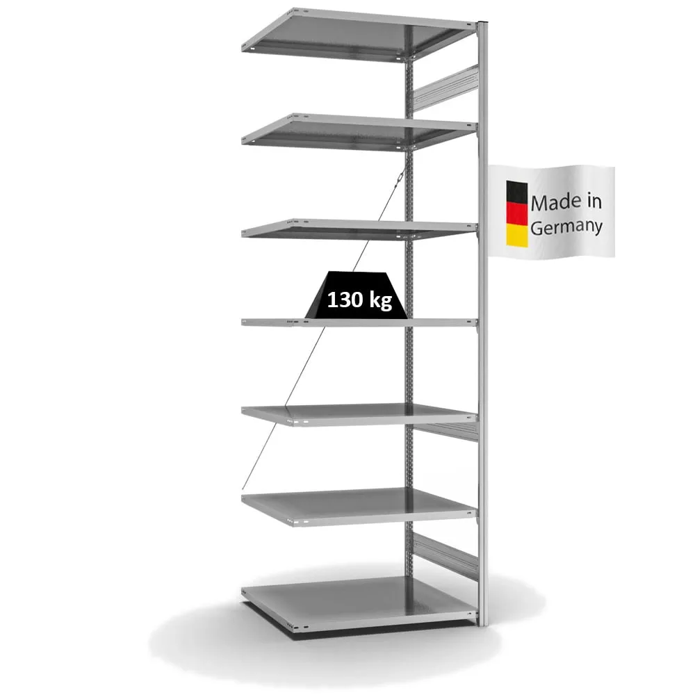 Fachbodenregal Stecksystem T-Profil | Anbauregal | HxBxT 300x100x80cm | 7 Ebenen | Fachlast 130 kg | Einseitig nutzbar | Verzinkt