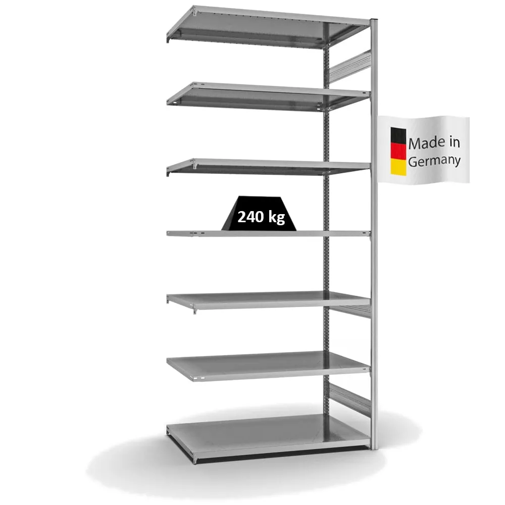 Fachbodenregal Stecksystem T-Profil | Anbauregal | HxBxT 300x130x80cm | 7 Ebenen | Fachlast 240 kg | Beidseitig nutzbar | Verzinkt