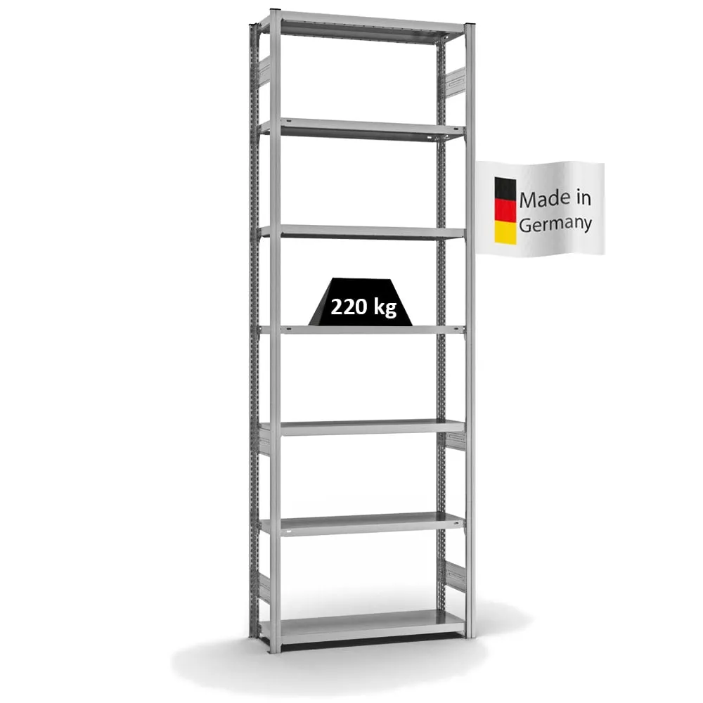 Fachbodenregal Stecksystem T-Profil | Grundregal | HxBxT 300x100x30cm | 7 Ebenen | Fachlast 220 kg | Beidseitig nutzbar | Verzinkt