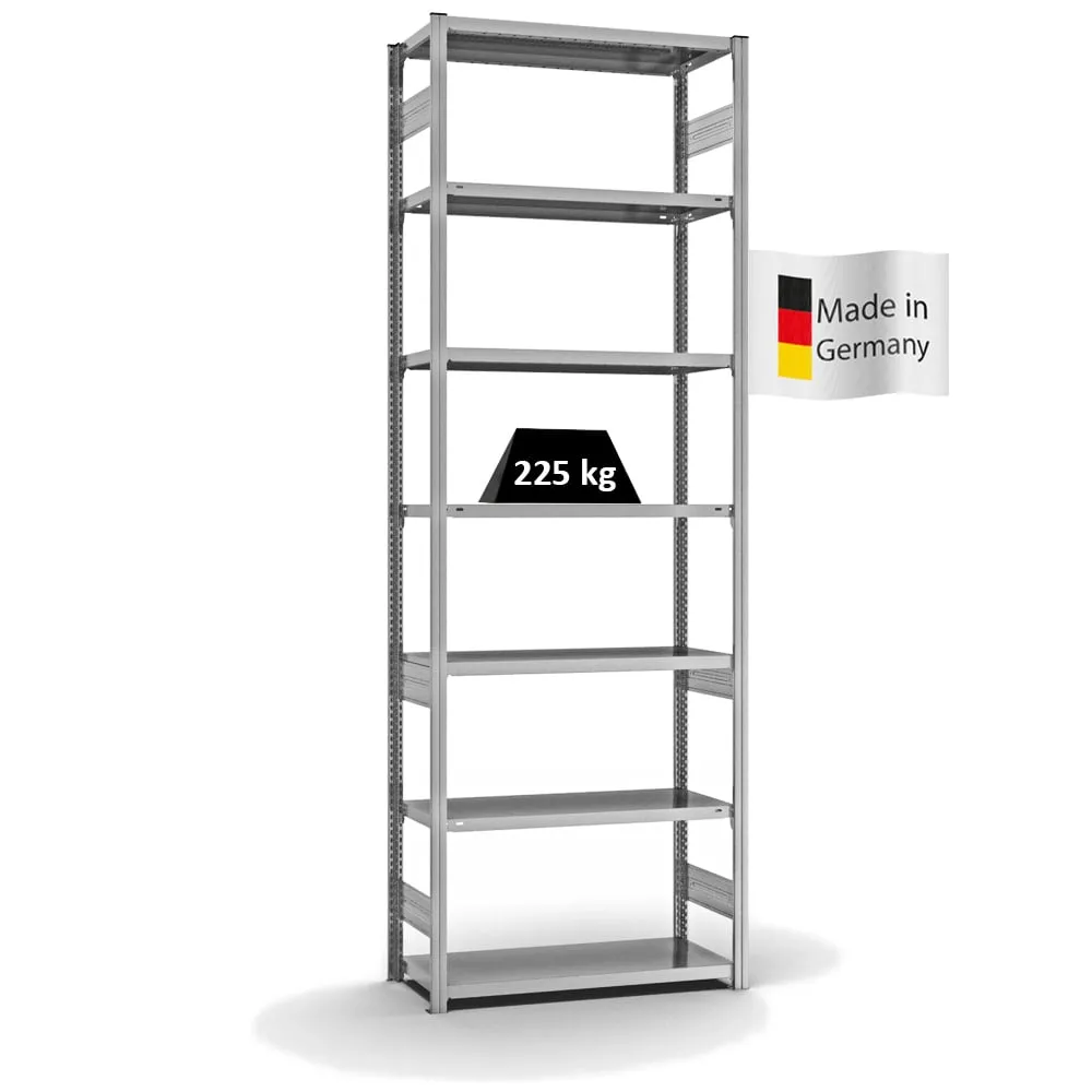 Fachbodenregal Stecksystem T-Profil | Grundregal | HxBxT 300x100x40cm | 7 Ebenen | Fachlast 225 kg | Beidseitig nutzbar | Verzinkt