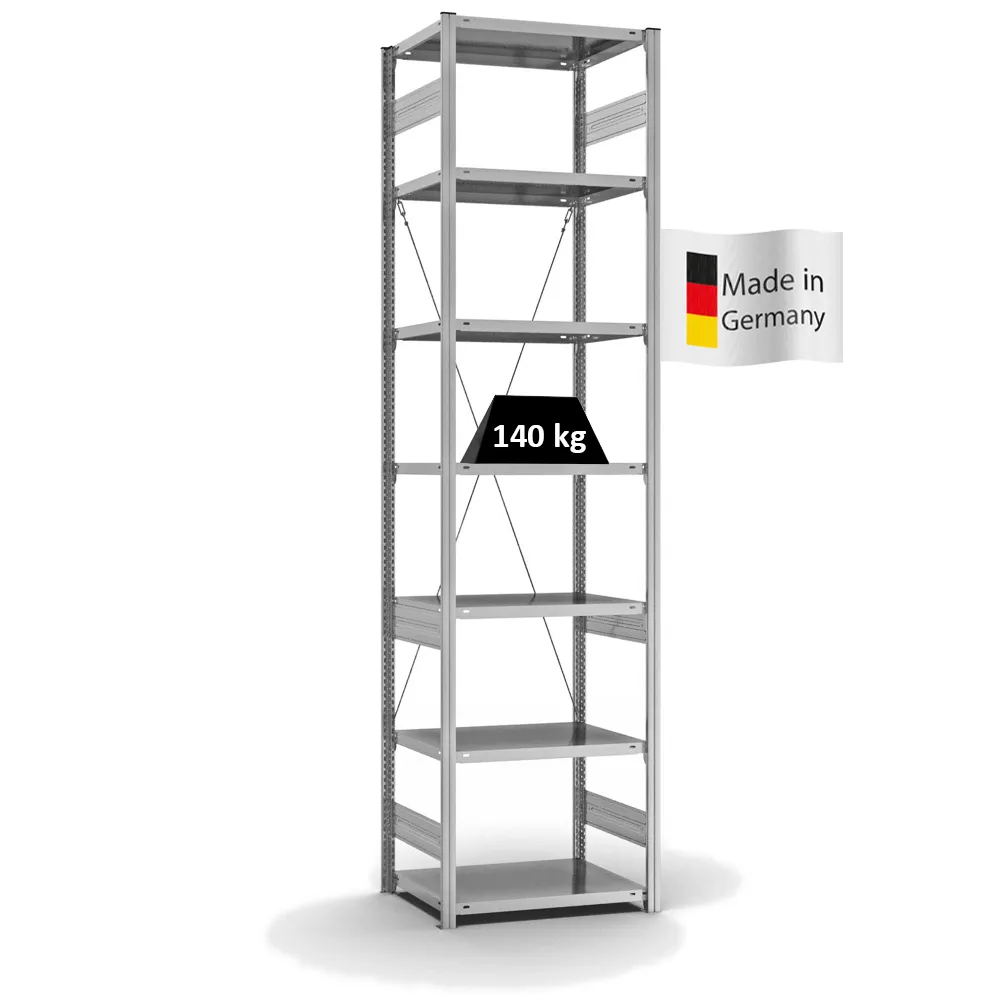Fachbodenregal Stecksystem T-Profil | Grundregal | HxBxT 300x75x50cm | 7 Ebenen | Fachlast 140 kg | Einseitig nutzbar | Verzinkt