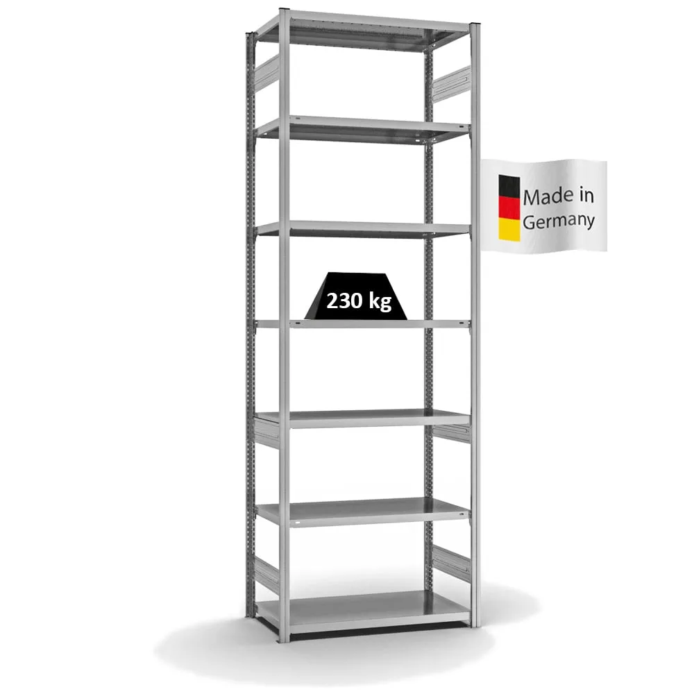 Fachbodenregal Stecksystem T-Profil | Grundregal | HxBxT 300x100x50cm | 7 Ebenen | Fachlast 230 kg | Beidseitig nutzbar | Verzinkt
