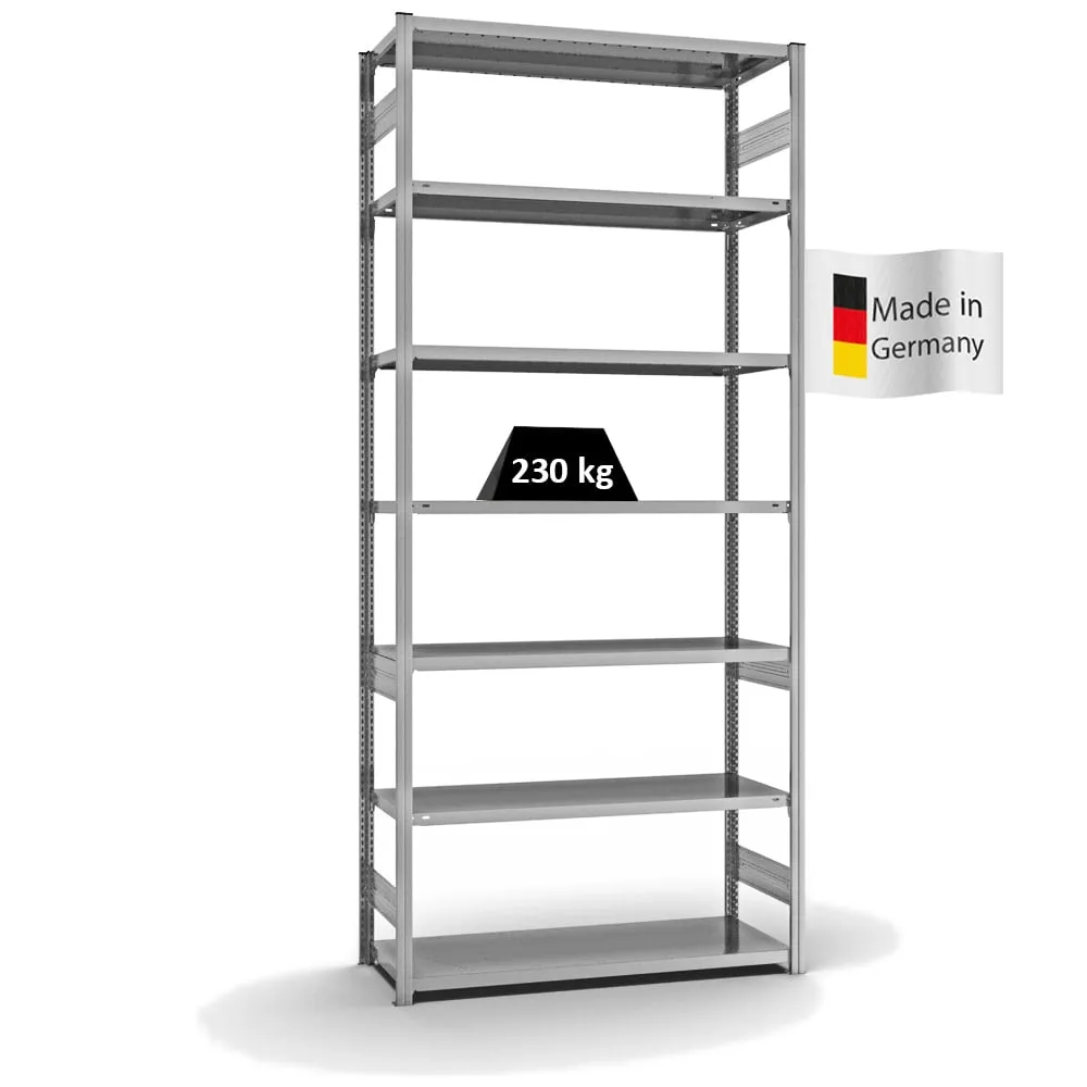 Fachbodenregal Stecksystem T-Profil | Grundregal | HxBxT 300x130x50cm | 7 Ebenen | Fachlast 230 kg | Beidseitig nutzbar | Verzinkt