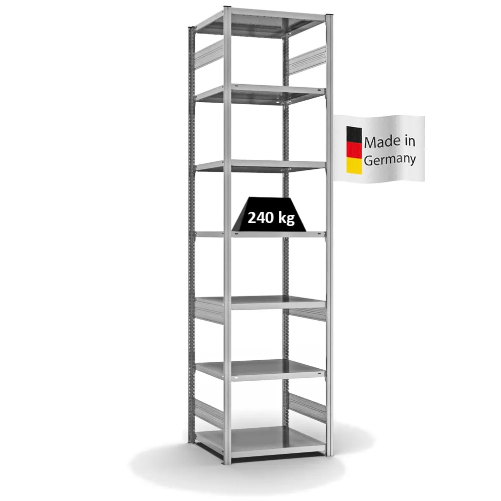 Fachbodenregal Stecksystem T-Profil | Grundregal | HxBxT 300x75x60cm | 7 Ebenen | Fachlast 240 kg | Beidseitig nutzbar | Verzinkt