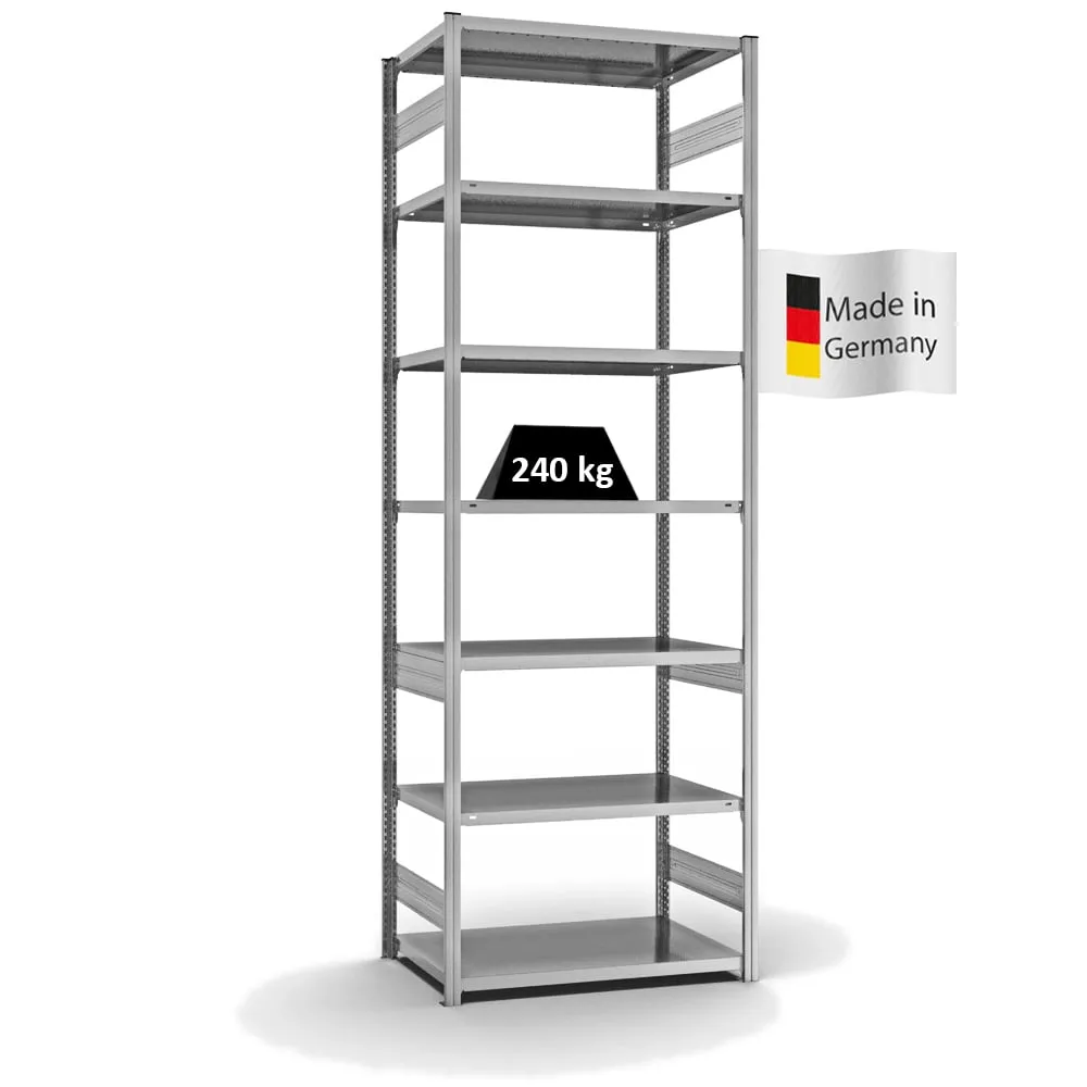 Fachbodenregal Stecksystem T-Profil | Grundregal | HxBxT 300x100x60cm | 7 Ebenen | Fachlast 240 kg | Beidseitig nutzbar | Verzinkt