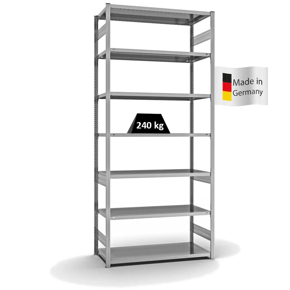 Fachbodenregal Stecksystem T-Profil | Grundregal | HxBxT 300x130x60cm | 7 Ebenen | Fachlast 240 kg | Beidseitig nutzbar | Verzinkt