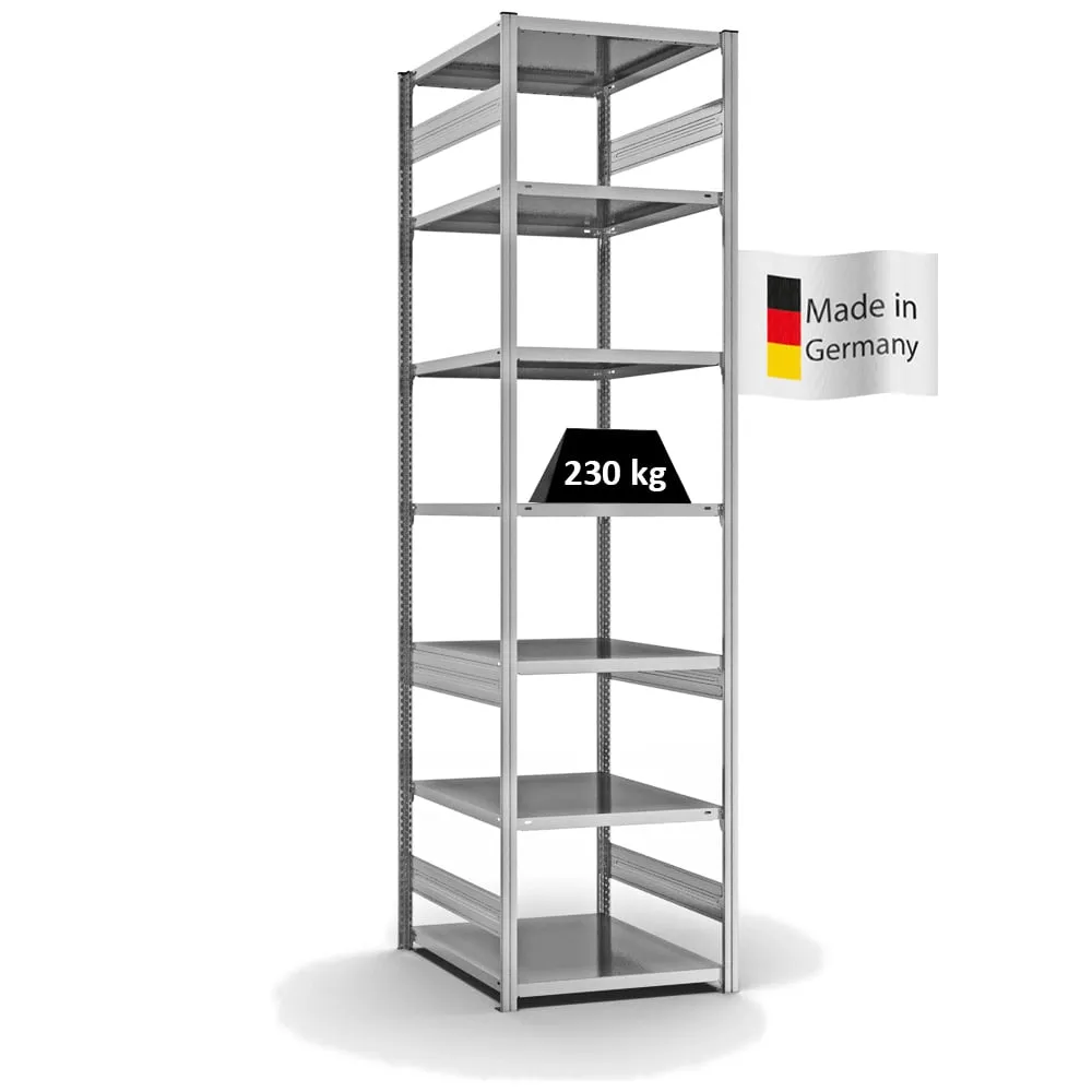 Fachbodenregal Stecksystem T-Profil | Grundregal | HxBxT 300x75x80cm | 7 Ebenen | Fachlast 230 kg | Beidseitig nutzbar | Verzinkt