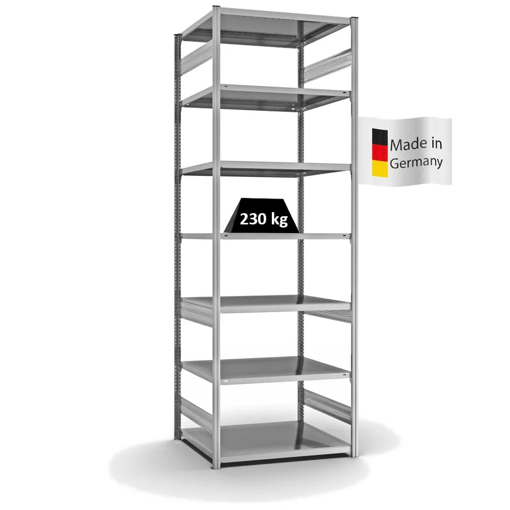 Fachbodenregal Stecksystem T-Profil | Grundregal | HxBxT 300x100x80cm | 7 Ebenen | Fachlast 230 kg | Beidseitig nutzbar | Verzinkt