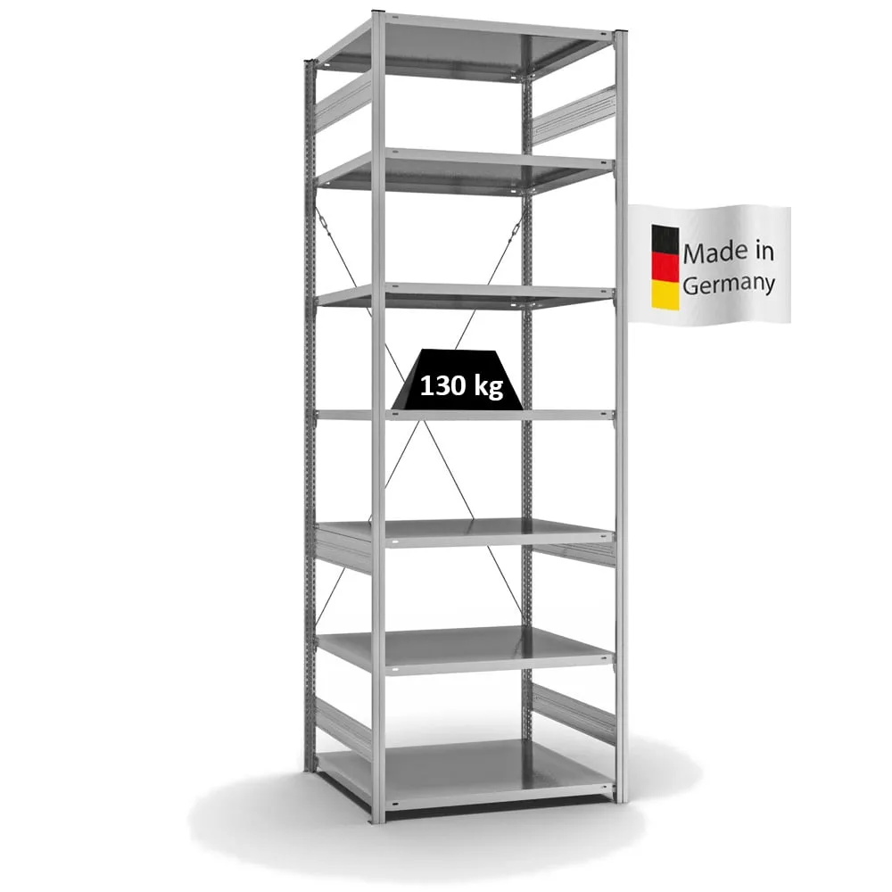 Fachbodenregal Stecksystem T-Profil | Grundregal | HxBxT 300x100x80cm | 7 Ebenen | Fachlast 130 kg | Einseitig nutzbar | Verzinkt
