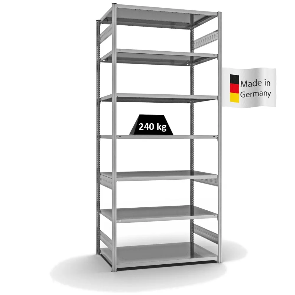 Fachbodenregal Stecksystem T-Profil | Grundregal | HxBxT 300x130x80cm | 7 Ebenen | Fachlast 240 kg | Beidseitig nutzbar | Verzinkt