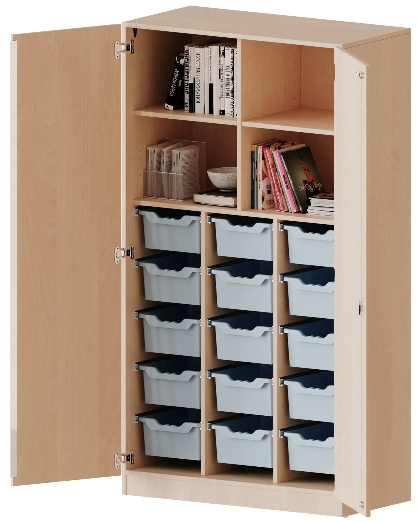 Schrank mit 15 hohen ErgoTray Boxen und 4 oder 6 Fächern, Breite 104,5 cm - EVO180 Serie