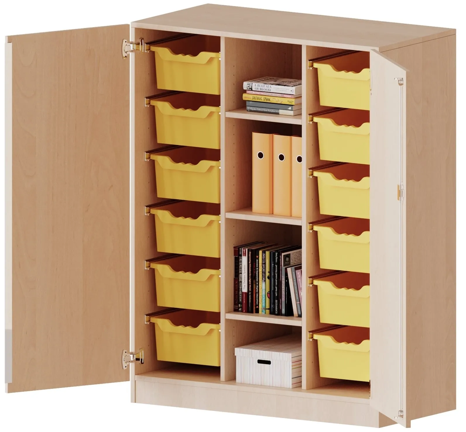 Schrank dreireihig mit 12 oder 24 ErgoTray Boxen und 4 Fächern, Breite 104,5 cm - EVO180 Serie