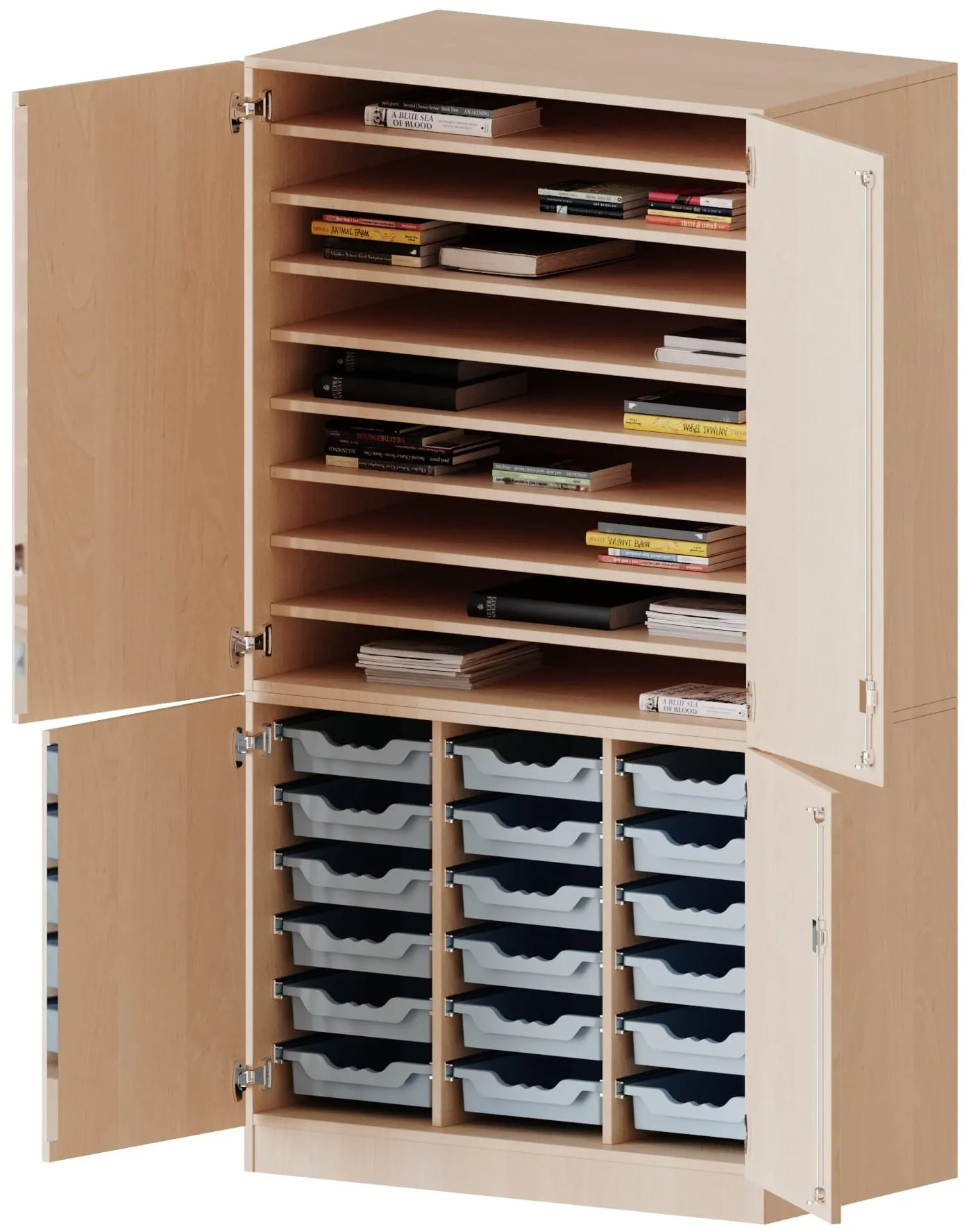 Bastelschrank mit 9 Papierablagen und 18 ErgoTray Boxen, geteilte Türen - EVO180 Serie