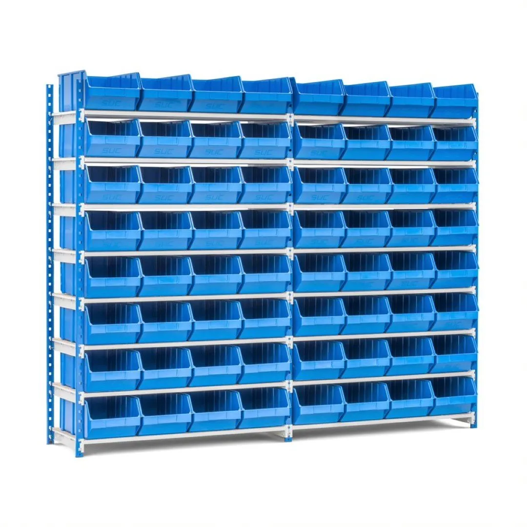 Fachbodenregal MAXIMUS mit 64x Sichtlagerboxen à 31,5L | Fachlast 152kg | Komplettregal | HxBxT 200x250x50cm | 8 Ebenen | Lichtblau/Lichtgrau