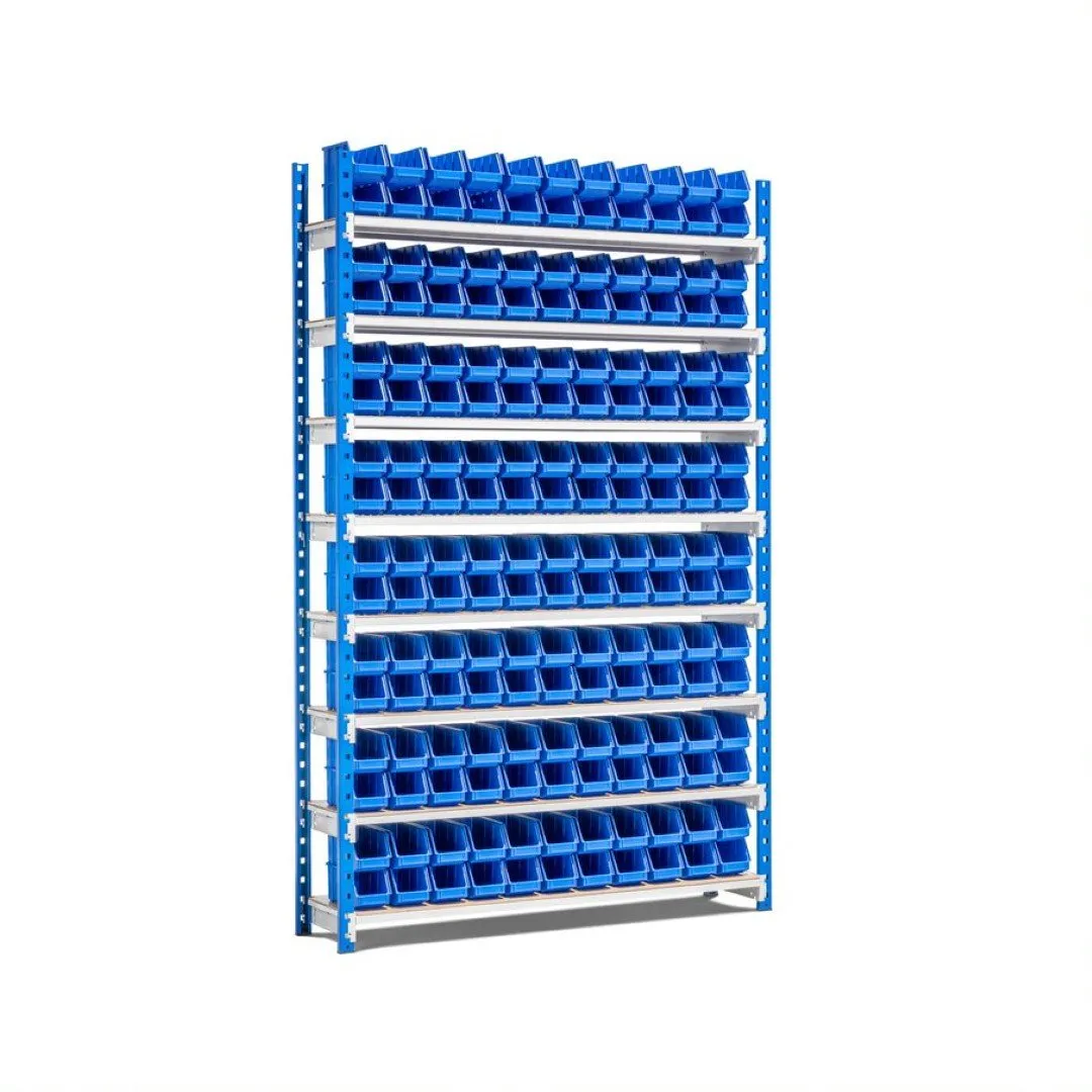 Fachbodenregal  MAXIMUS mit 176x Sichtlagerboxen à 2L | Fachlast 114kg | Anbauregal | HxBxT 200x125x30cm |  8 Ebenen | Lichtblau/Lichtgrau