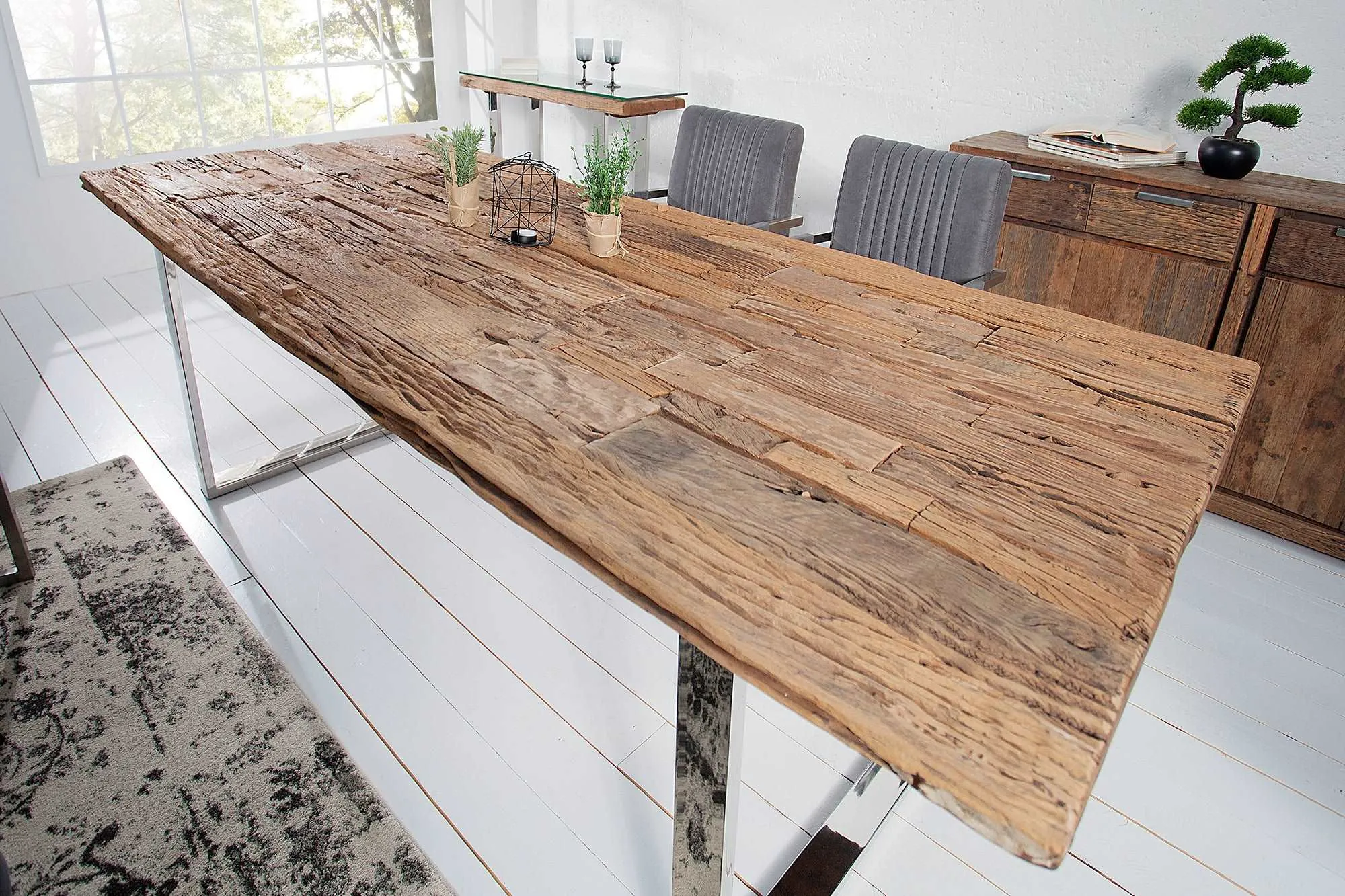 BARRACUDA Massiver Esstisch 180cm antik Teak Holz mit Stahl Kufenfüßen inkl. Glasplatte