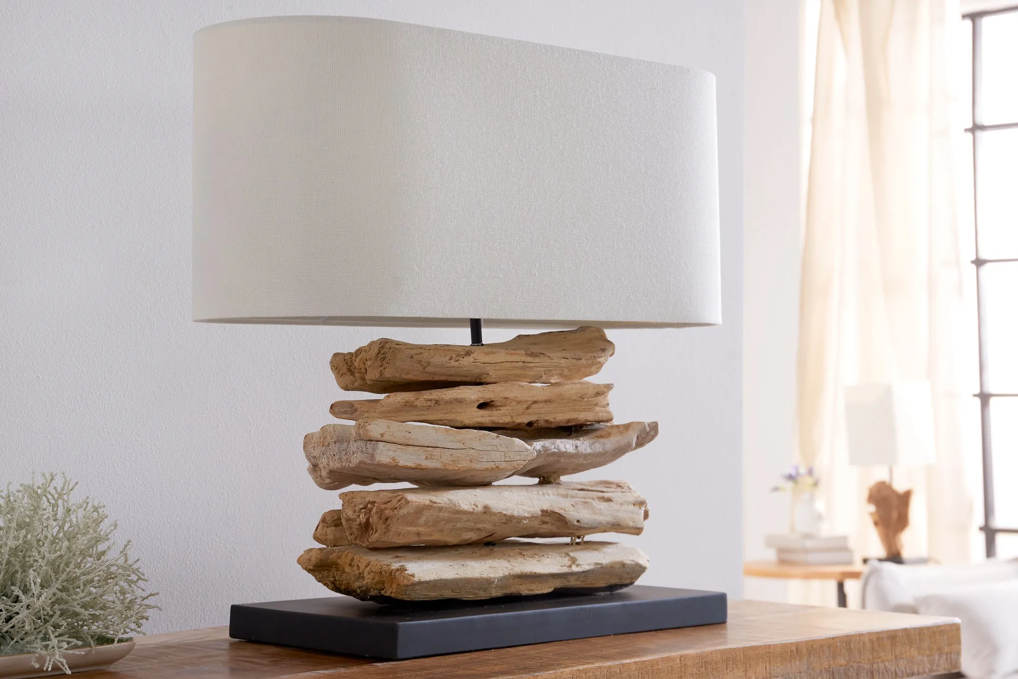 RIVERINE Handgearbeitete Treibholz Lampe 55cm creme Leinenschirm Tischleuchte