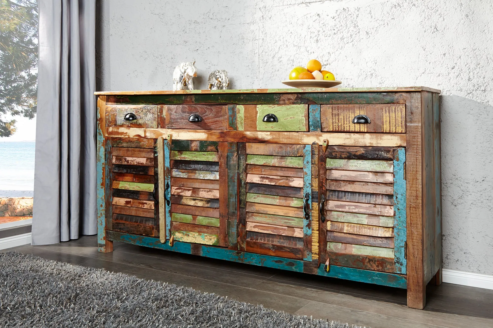 JAKARTA Einzigartiges Sideboard 160cm bunt recyceltes Massivholz aus Fischerbooten
