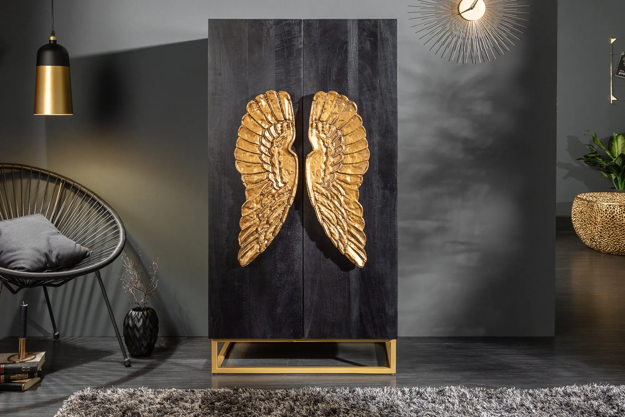 Highboard ANGEL 140cm schwarz Mangoholz mit goldenen Flügeln