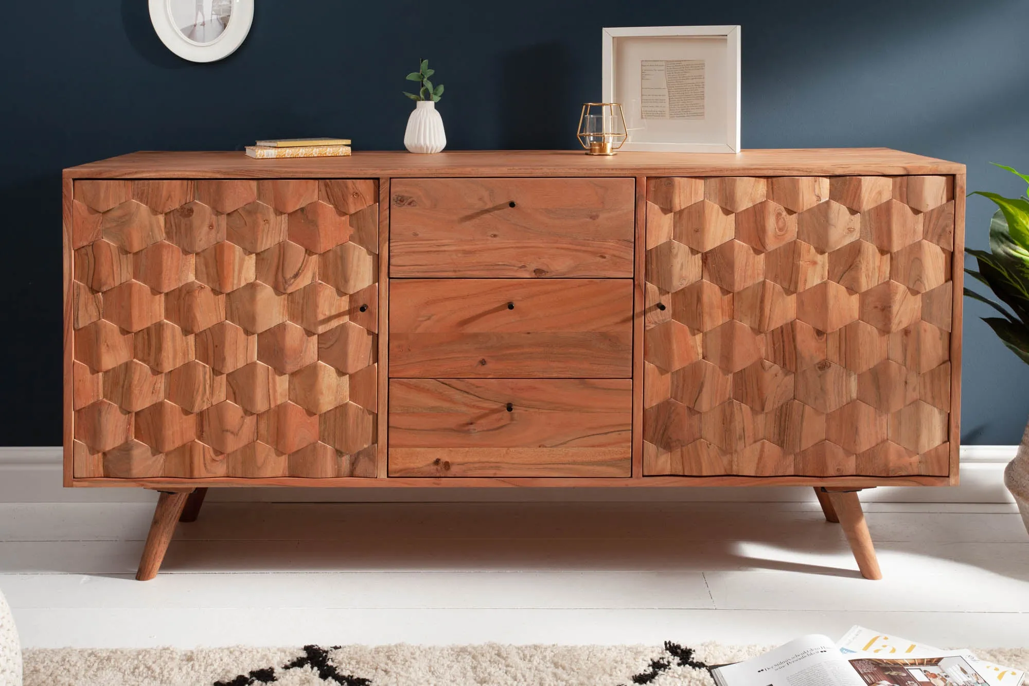 MYSTIC LIVING Massives Sideboard 145cm Akazie natur 3D Oberfläche Massivholz
