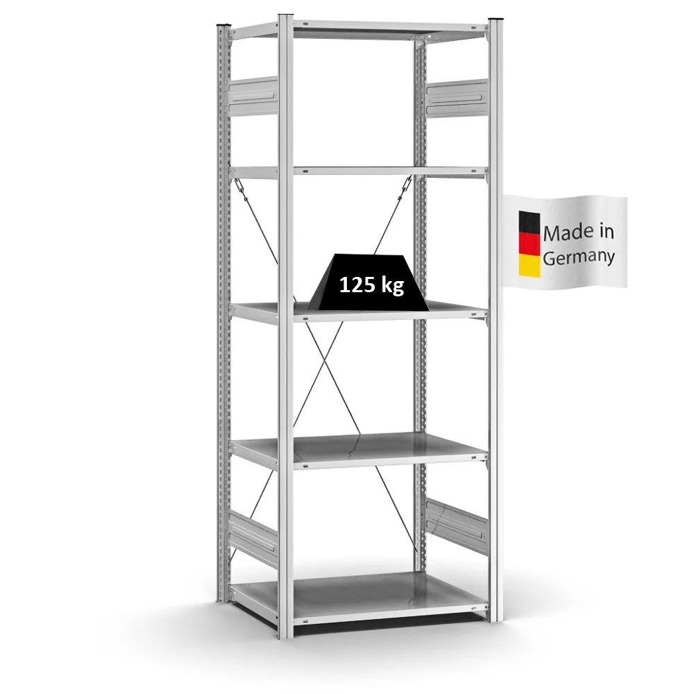 Profi-Lagerregal Stecksystem T-Profil | Grundregal | HxBxT 200x75x50cm | Fachlast 125kg | Verzinkt